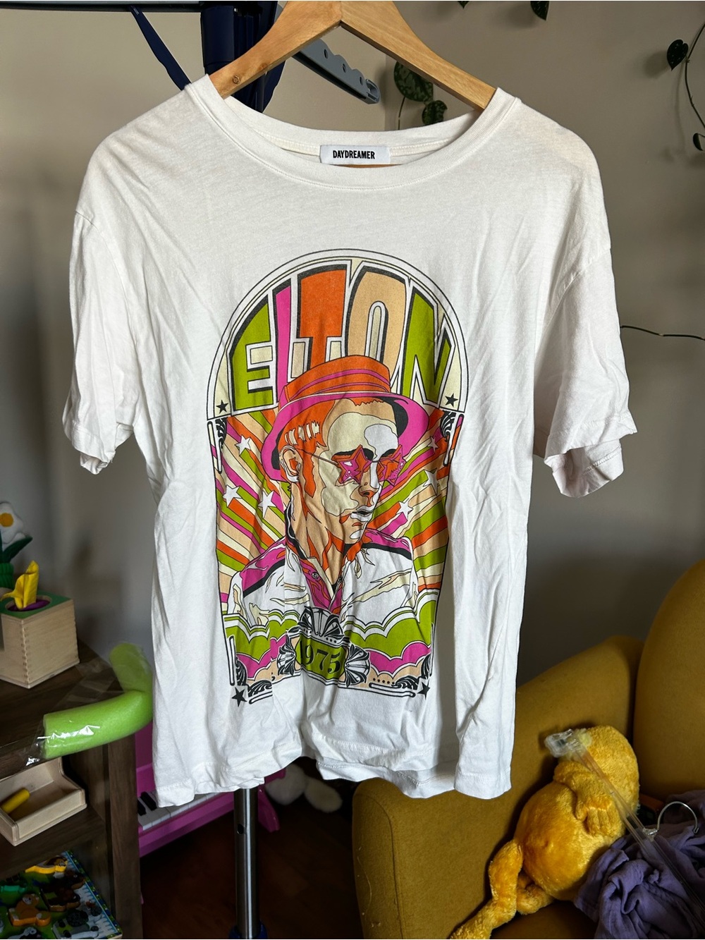 Daydreamer White Graphic Tee with Retro Multicolor Elton Portrait